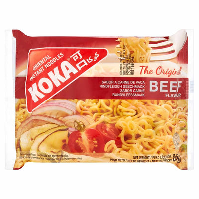 A packet of Koka - The Original Beef Flavour Oriental Instant Noodles (85g) by Koka, featuring noodles, beef slices, onions, and tomatoes on the packaging.