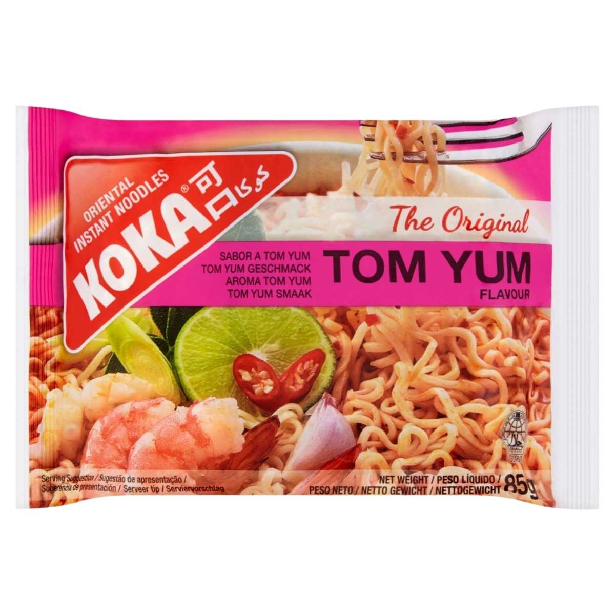 A packet of Koka - The Original Tom Yum Flavour Instant Noodles (85g), featuring images of noodles, shrimp, lime, and herbs on the packaging for an authentic Thai experience.