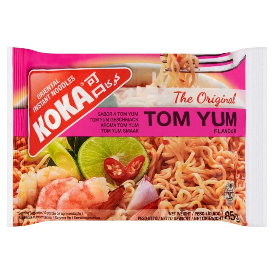 A packet of Koka - The Original Tom Yum Flavour Instant Noodles (85g), featuring images of noodles, shrimp, lime, and herbs on the packaging for an authentic Thai experience.