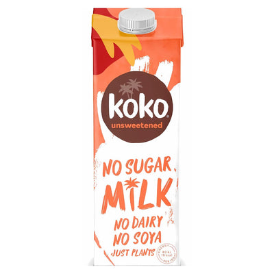 A 1L carton of Koko Original - Unsweetened Coconut Milk, featuring an orange and white design, a white cap, and labeled "No Sugar, No Dairy, No Soya, Just Plants.