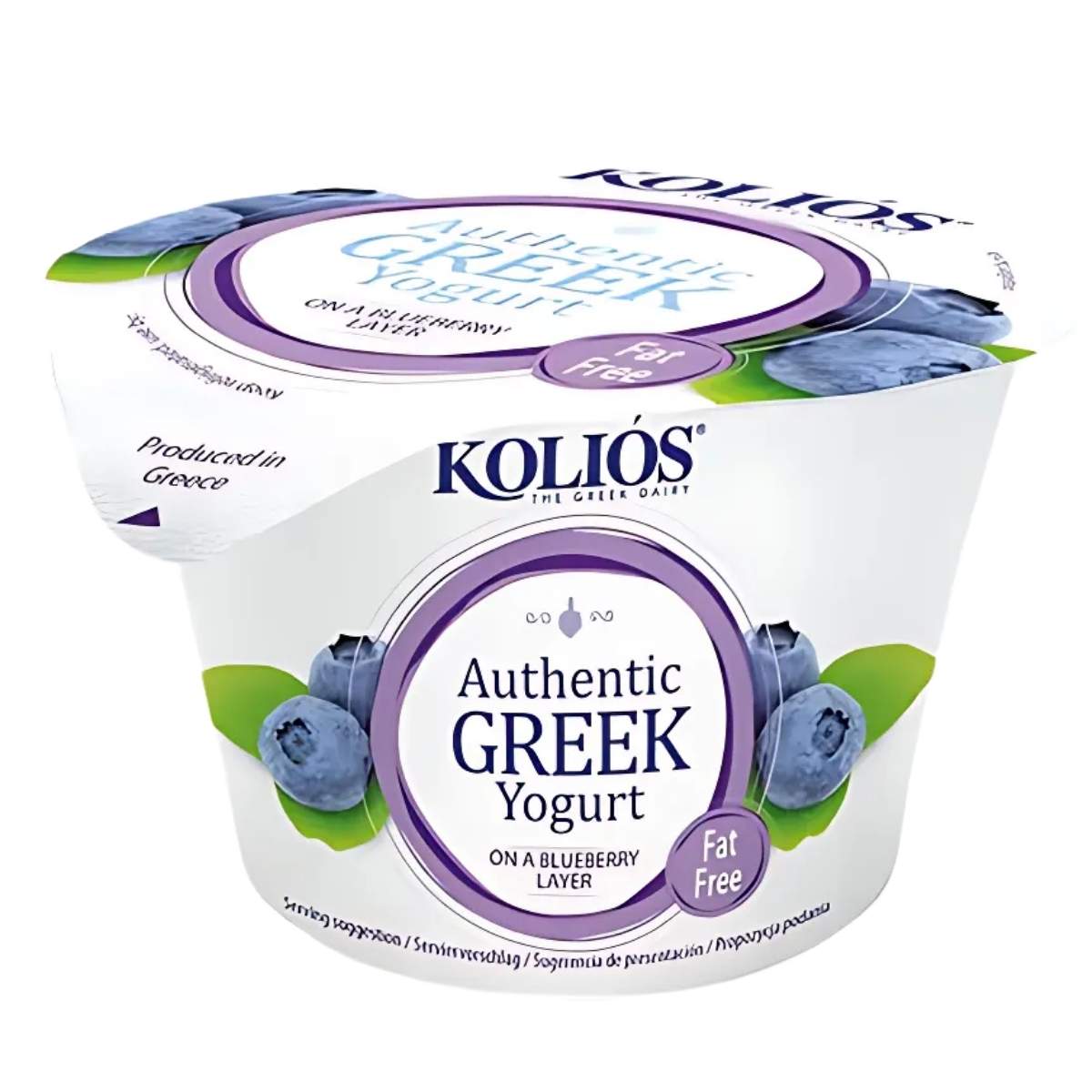 Kolios Authentic Blueberry Greek Yoghurt 150g is a guilt-free treat that's fat-free and features nutritious blueberries on the label.