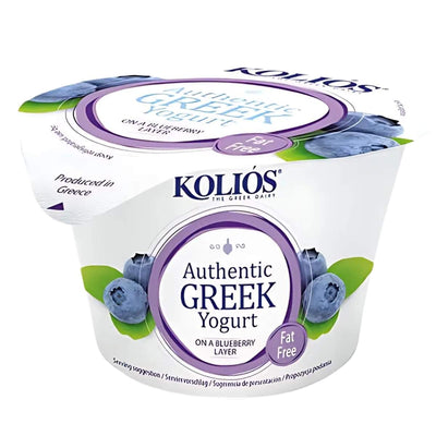 Kolios Authentic Blueberry Greek Yoghurt 150g is a guilt-free treat that's fat-free and features nutritious blueberries on the label.