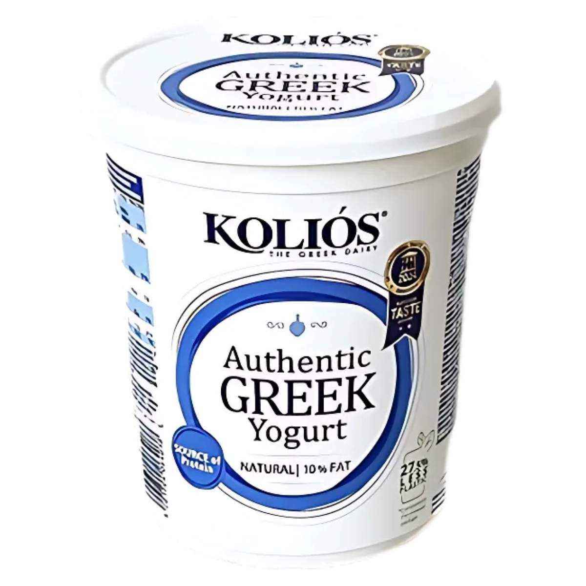 Kolios Authentic Greek Yoghurt 500g, with a creamy texture and 10% fat, features blue and white packaging with a Taste Award label, making it an excellent option for a healthy lifestyle.