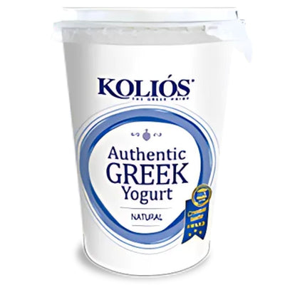 A 500g tub of Kolios Authentic Greek Yoghurt is displayed against a plain background, featuring blue and gold accents—a great choice for anyone who loves creamy yoghurt as part of a healthy lifestyle.