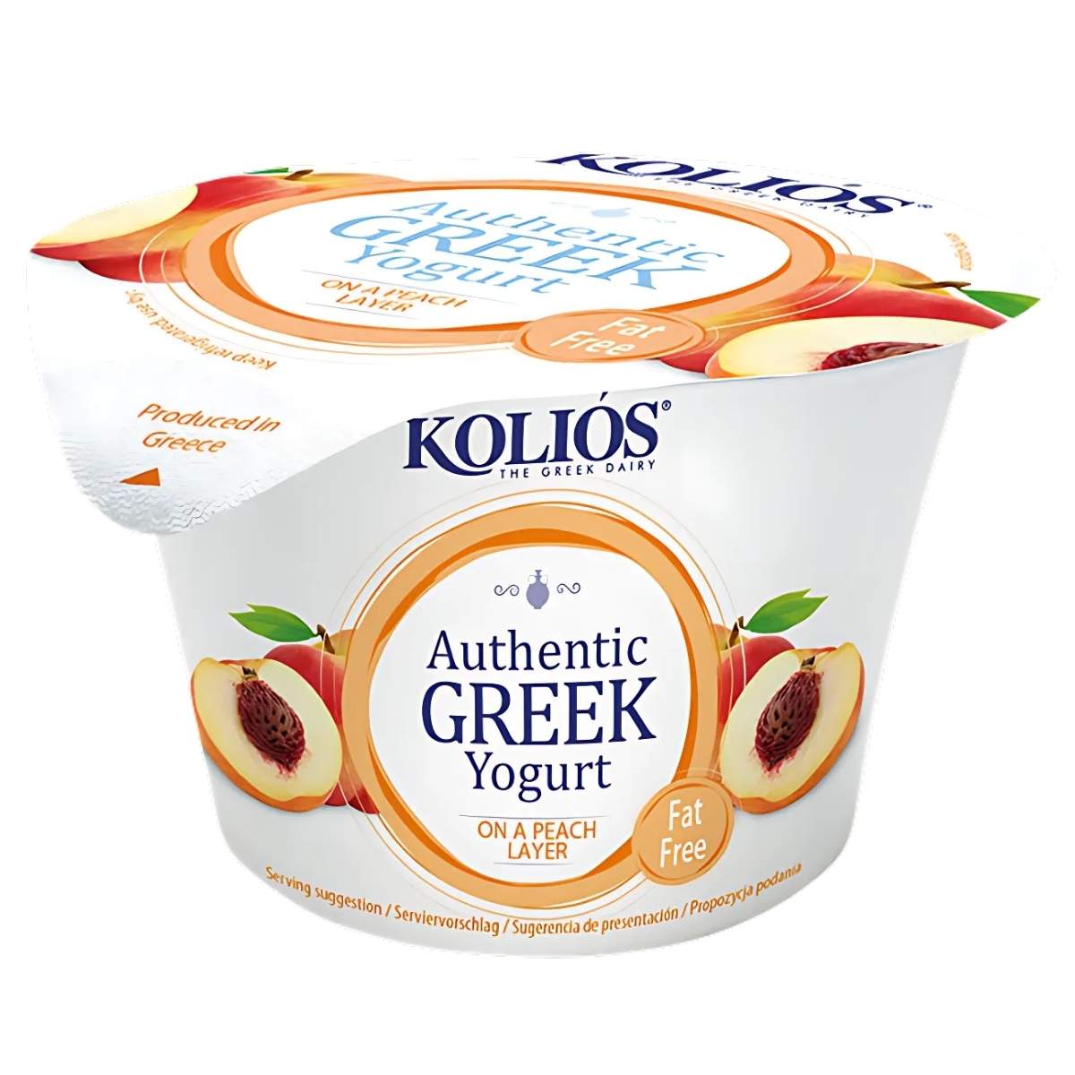 150g Kolios Authentic Peach Greek Yoghurt delivers a delightful peach flavor, highlighted as fat-free with a tasty peach layer.