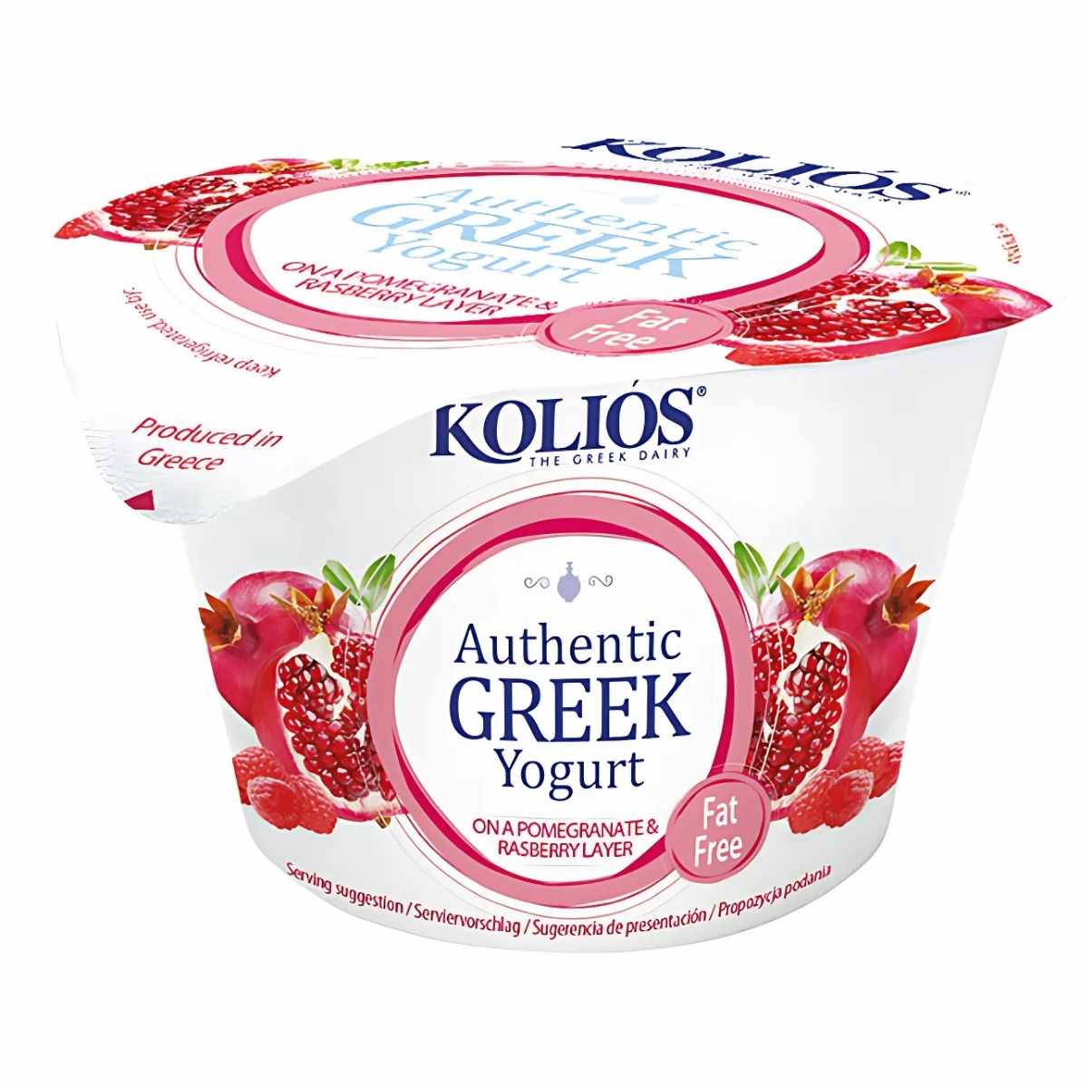 Kolios Authentic Pomegranate & Raspberry Greek Yoghurt, 150g, fat-free and crafted in Greece, offers a delightful blend of flavors.