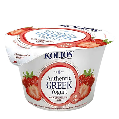 Kolios - Authentic Strawberry Greek Yoghurt (150g) features 0% fat strained yogurt over a strawberry layer, with vibrant strawberry images on the Kolios packaging.