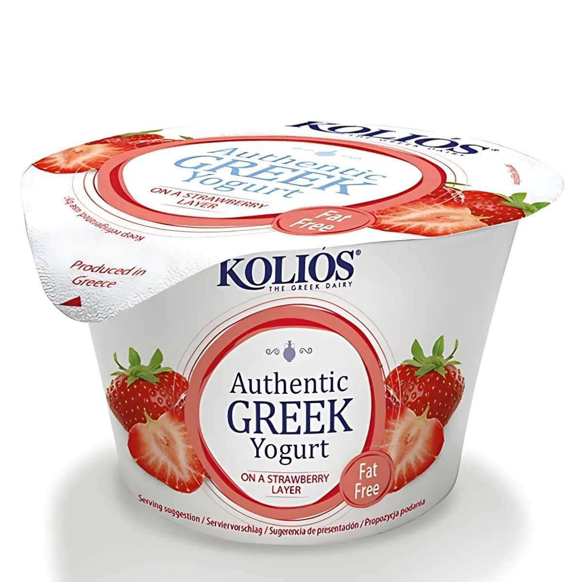 Enjoy a creamy treat with Kolios Authentic Strawberry Greek Yoghurt, a luscious fat-free yogurt featuring an authentic Greek taste and strawberry layer, in a 150g container.