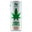 A 250ml can of Komodo - Cannabis Flavour Energy Drink, featuring a green cannabis leaf on a white background, infused with hemp extract and essential vitamins.