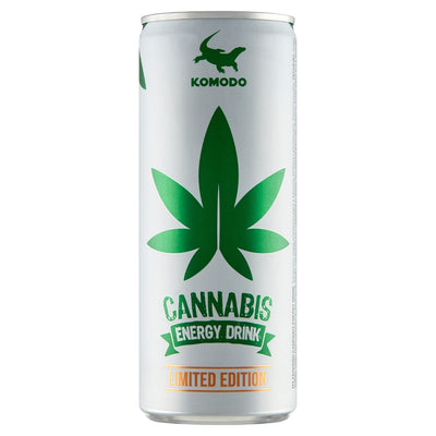 A 250ml can of Komodo - Cannabis Flavour Energy Drink, featuring a green cannabis leaf on a white background, infused with hemp extract and essential vitamins.