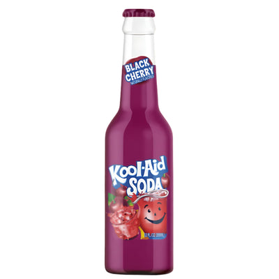 Kool-Aid - Black Cherry Soda (355ml) features a sparkling black cherry drink in a bottle with a purple cap. The label shows the Kool-Aid Man and cherry graphics, emphasizing the bold black cherry flavor. Brand: Kool-Aid.
