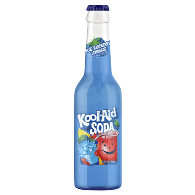 A 355ml bottle of Kool-Aid Blue Raspberry Lemonade Soda features a vibrant blue drink and the iconic Kool-Aid Man on the label.