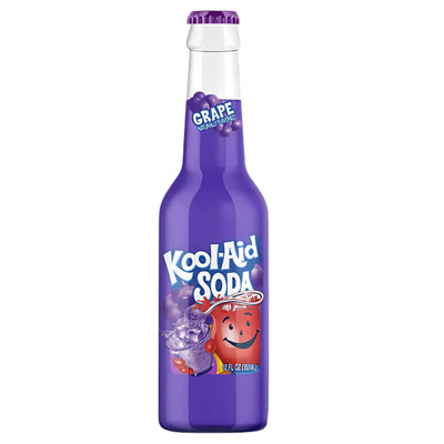 A 355ml glass bottle of Kool-Aid Grape Soda by Kool-Aid, with a purple cap and label showcasing the Kool-Aid Man and vibrant grape graphics for a burst of fruity flavor.