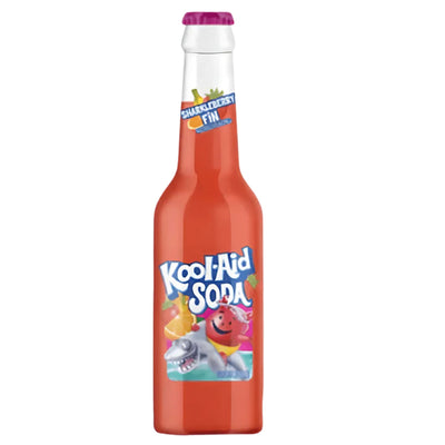 A 355ml can of Kool-Aid Sharkleberry Fin Flavoured Soda by Kool-Aid, featuring a colorful label with a shark and the iconic Kool-Aid Man cartoon character.