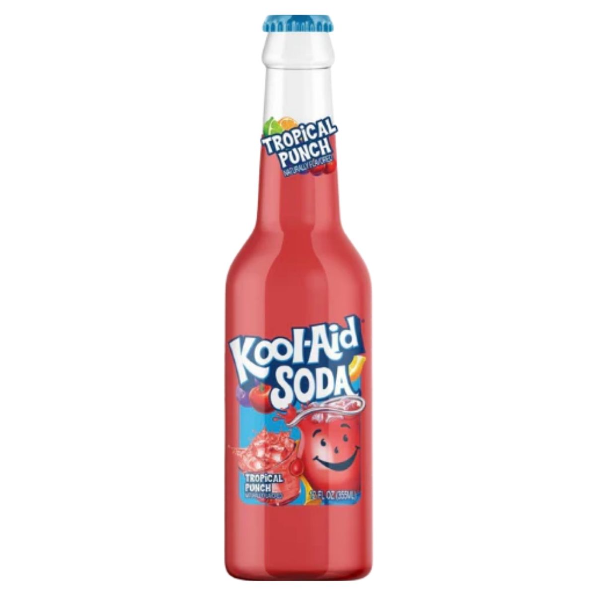 Enjoy Kool-Aid - Tropical Punch Flavoured Soda, a 355ml glass bottle with red liquid, blue cap, and a colorful label. Also try the refreshing Kool-Aid Sharkleberry Fin in a convenient 355ml can.