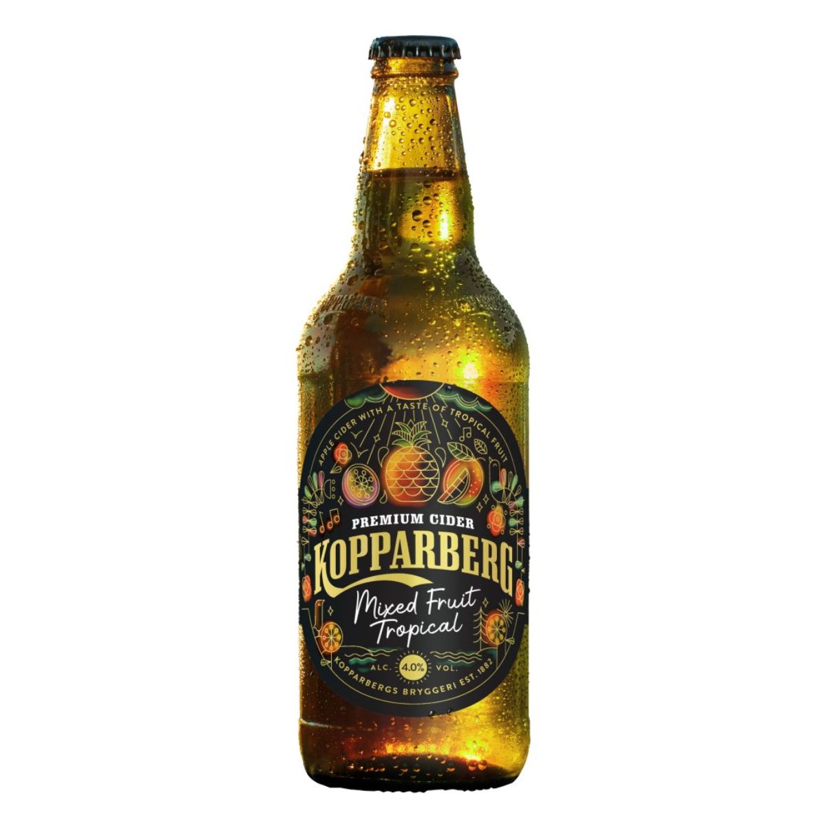 A chilled bottle of Kopparberg - Mixed Fruit Tropical Premium Cider (4.0% ABV) - 500ml, with condensation on the surface.