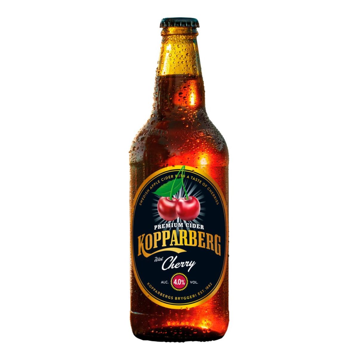 A 500ml bottle of Kopparberg - Cherry Premium Cider (4.0% ABV), adorned with water droplets on its surface.