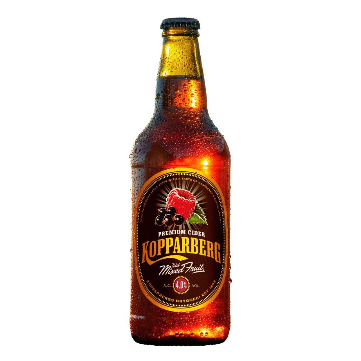 A bottle of Kopparberg - Premium Cider with Mixed Fruit (4.0% ABV) - 500ml on a white background.