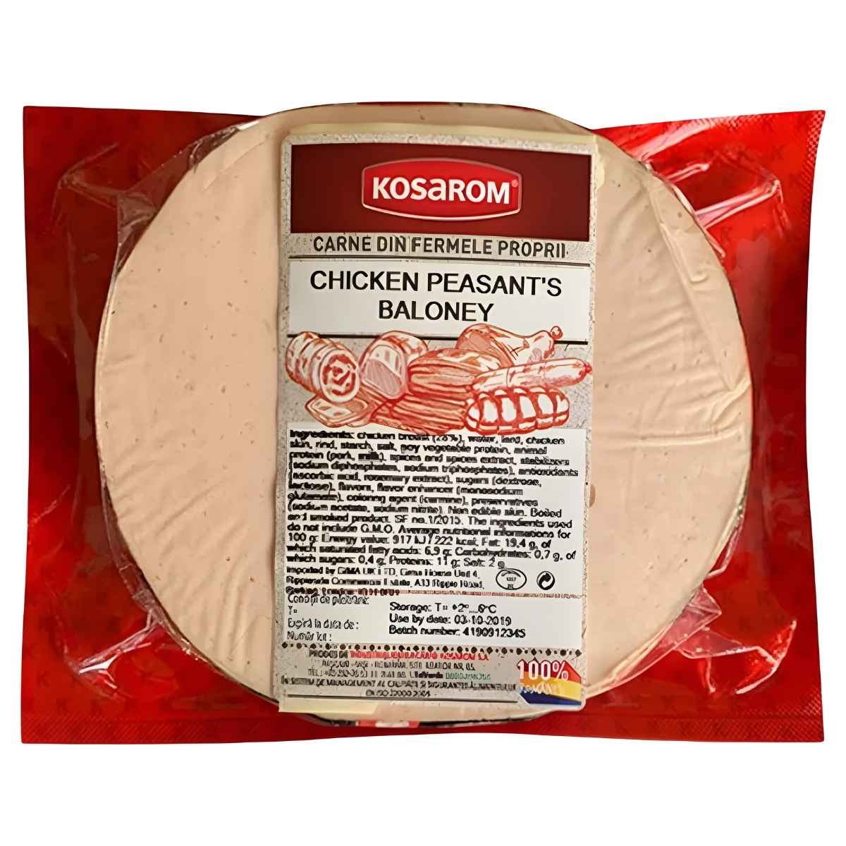 A round package of "Kosarom - Smoked Baloney with Chicken Meat - 650g (varies)" features a label listing ingredients and nutritional details, emphasizing its rich chicken meat content.