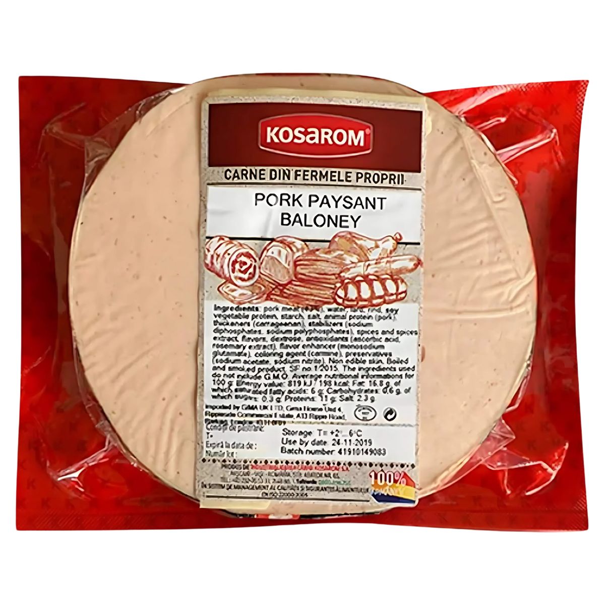 The Kosarom Smoked Baloney with Pork Meat, 570g, is packaged in a red wrapper featuring an ingredients list in English and another language, promising a savory experience with every slice.