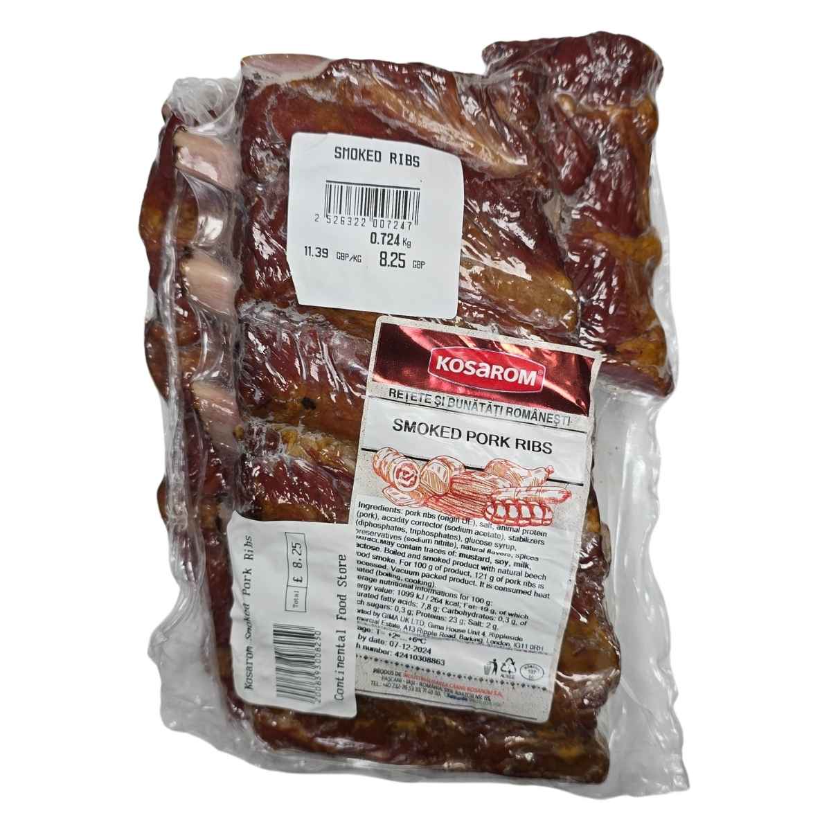 Packaged Kosarom Smoked Pork Ribs with transparent wrap, labeled with 700g weight and price.