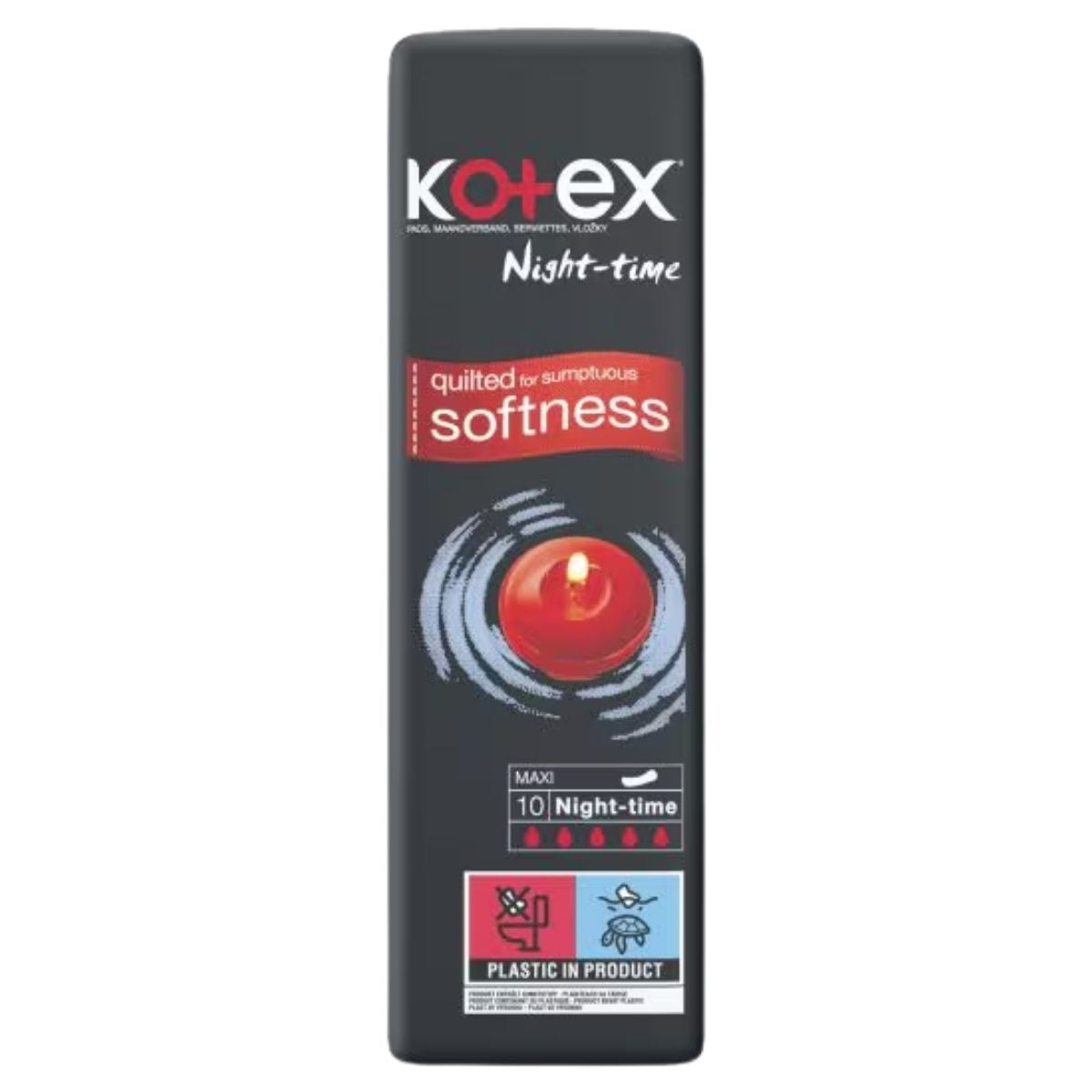 Front view of Kotex - Maxi Night Time Pads (10 Pads) pack, displaying Kotex branding and highlighting quilted softness on the product label.