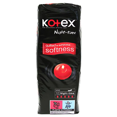 Kotex Maxi Night Time Pads (10 pads) provide maximum absorbency and overnight protection. The black and red packaging highlights “quilted for sumptuous softness” for comfort you can trust from Kotex.