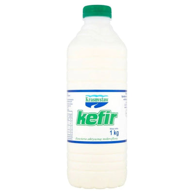 A bottle of Krasnystaw Kefir - 1 Litre with a green cap.