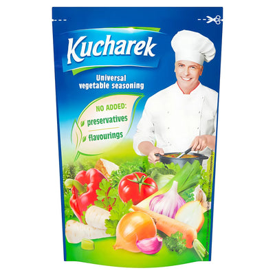 A 200g pack of Kucharek Universal Seasoning featuring a smiling chef and colorful vegetables on the front, ideal for enhancing the flavor of all your favorite dishes.
