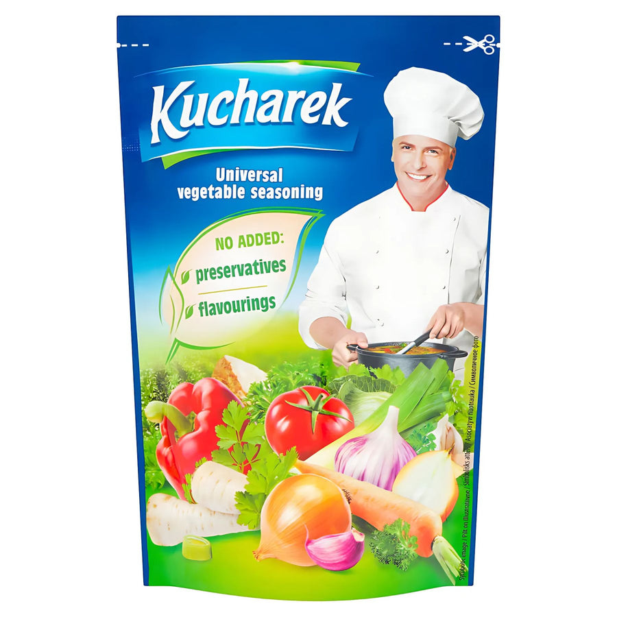 A 200g pack of Kucharek Universal Seasoning featuring a smiling chef and colorful vegetables on the front, ideal for enhancing the flavor of all your favorite dishes.