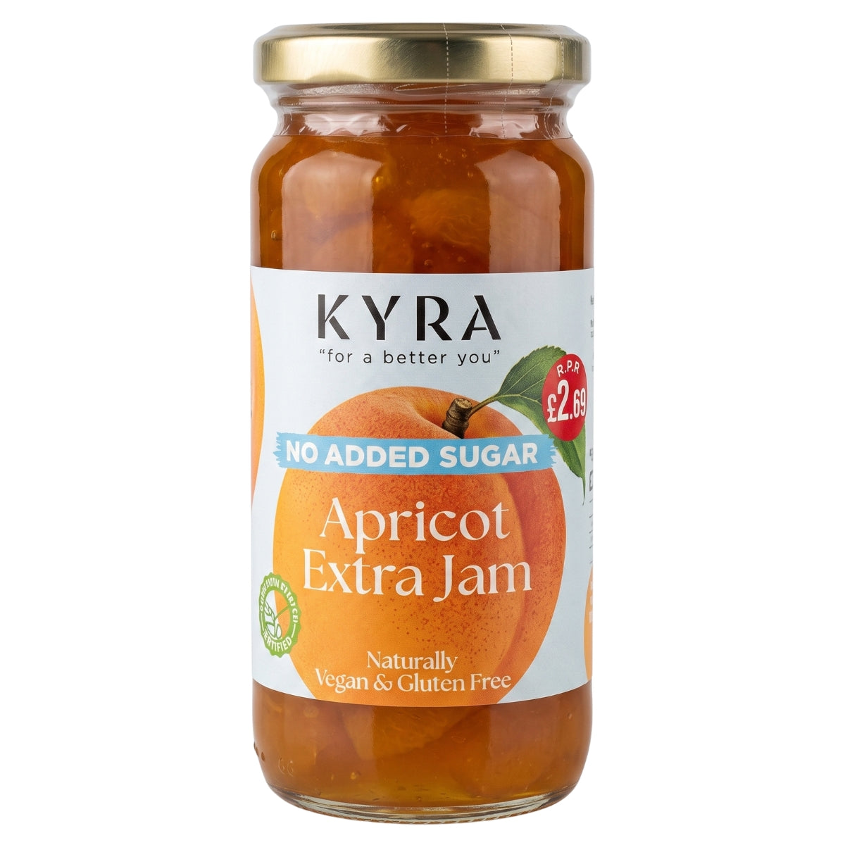 A glass jar of KYRA Apricot Extra Jam with a gold metal lid, featuring a white label with an apricot illustration and text indicating no added sugar.
