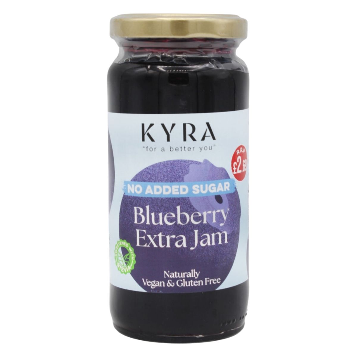 Enjoy a sweet start to your breakfast with Kyra Blueberry Jam (No Added Sugar) - 280g. This naturally vegan and gluten-free delight pairs perfectly with your morning toast.