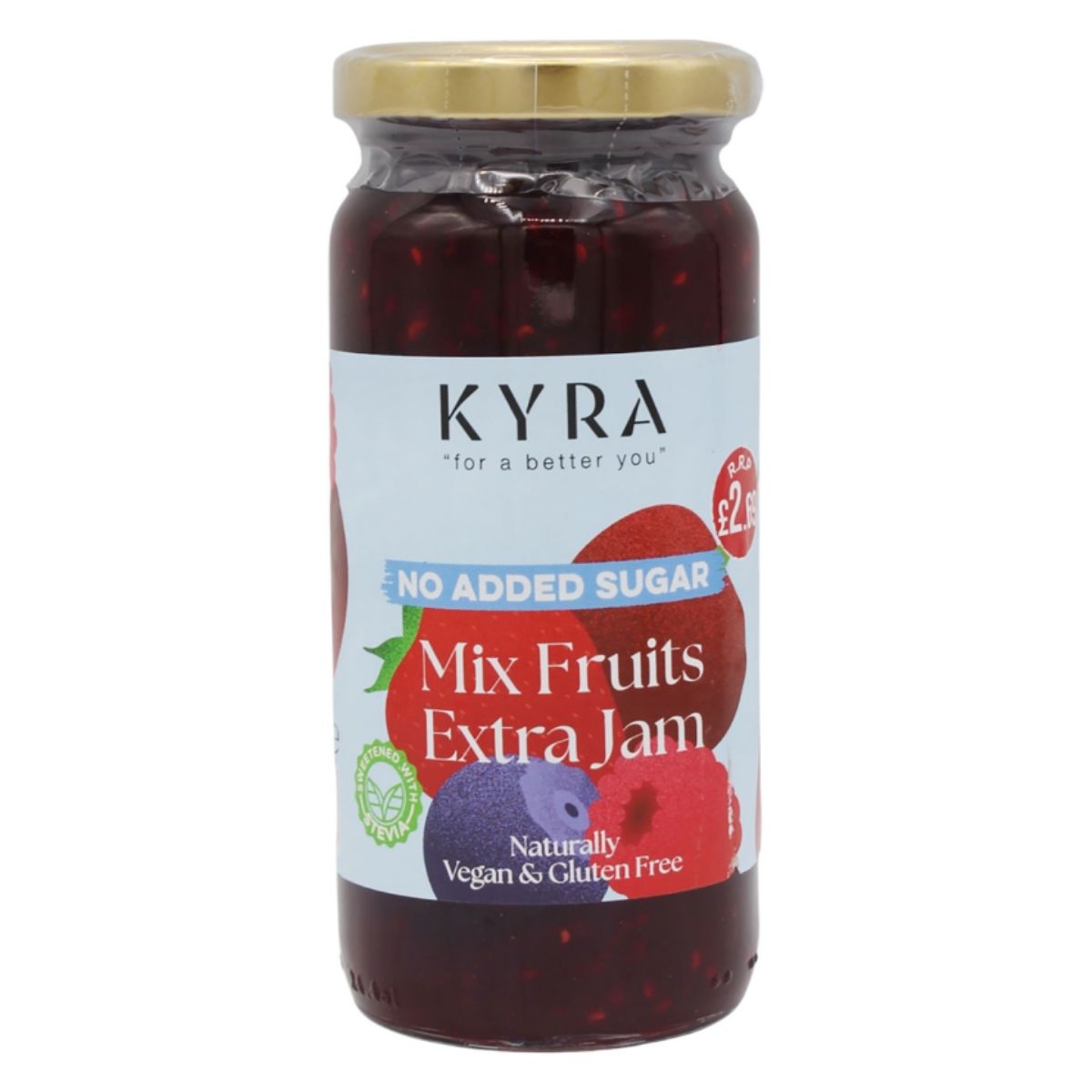 A 280g jar of Kyra - Mixed Fruits Jam (No Added Sugar), known for being naturally vegan and gluten-free, costs £2.99.