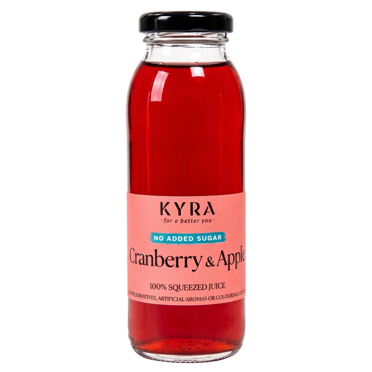 A glass bottle of Kyra Cranberry & Apple juice with a black cap and a pink label, shown on a plain white background.