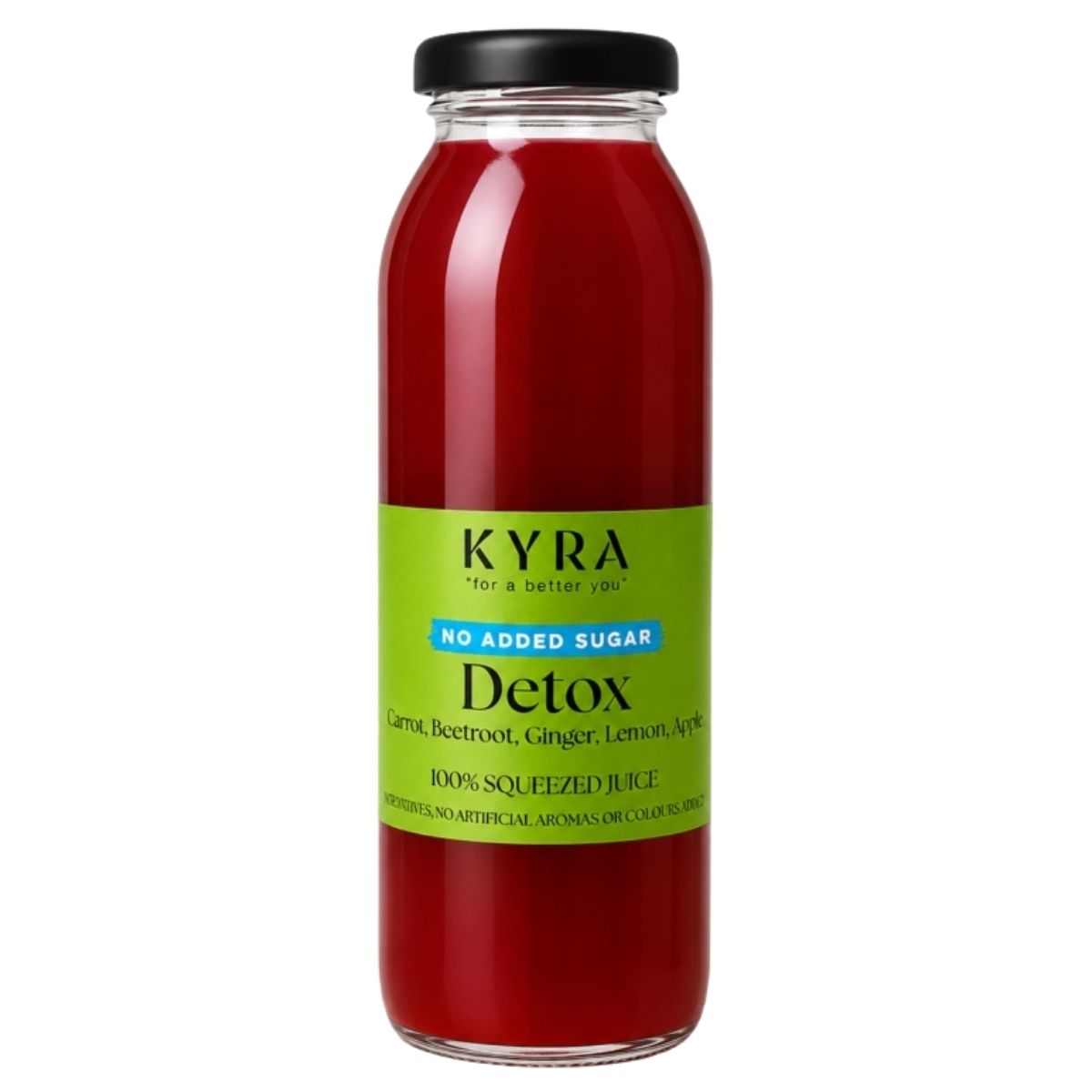 A 250ml glass bottle of Kyra - No Added Sugar Detox Juice, labeled "No Added Sugar" and "100% Squeezed Juice," contains carrot, beetroot, ginger, lemon, and apple.