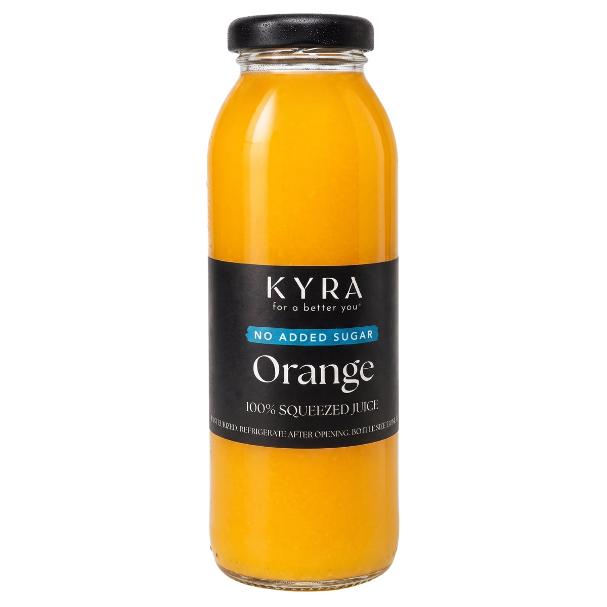 A bottle of KYRA Orange 100% squeezed juice with a black cap and a black label, filled with bright orange juice, on a plain white background.