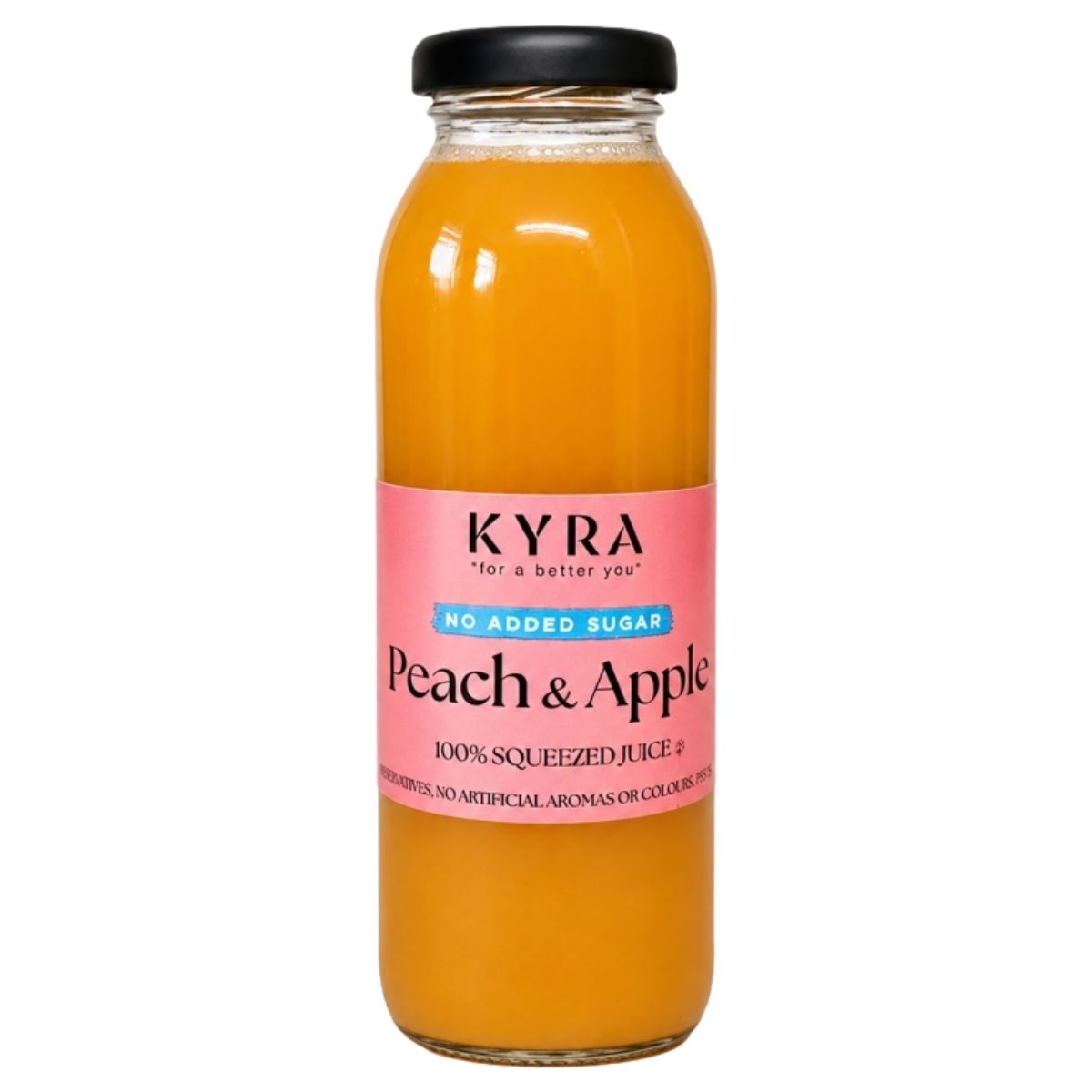 A clear glass bottle of Kyra No Added Sugar Peach & Apple Juice (250ml) with a pink label. The orange juice inside is 100% squeezed and has no added sugar.