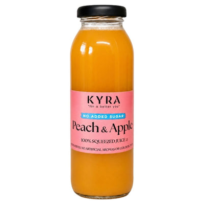 A clear glass bottle of Kyra No Added Sugar Peach & Apple Juice (250ml) with a pink label. The orange juice inside is 100% squeezed and has no added sugar.