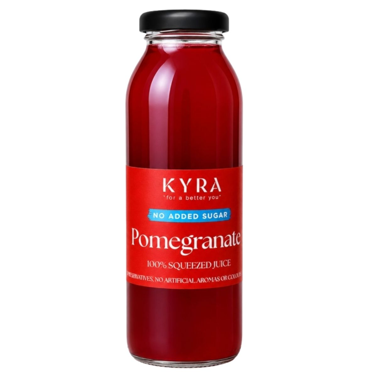 A 250ml clear glass bottle of Kyra - No Added Sugar Pomegranate Juice features a red label, black cap, and “No Added Sugar” highlighted on the front.
