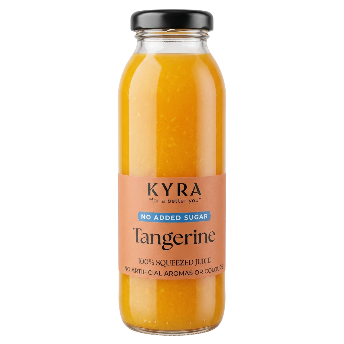 A 250ml glass bottle of Kyra No Added Sugar Tangerine Juice, featuring a black cap and a label highlighting “No Added Sugar” and “100% Squeezed Juice,” is ideal for anyone seeking pure refreshment.