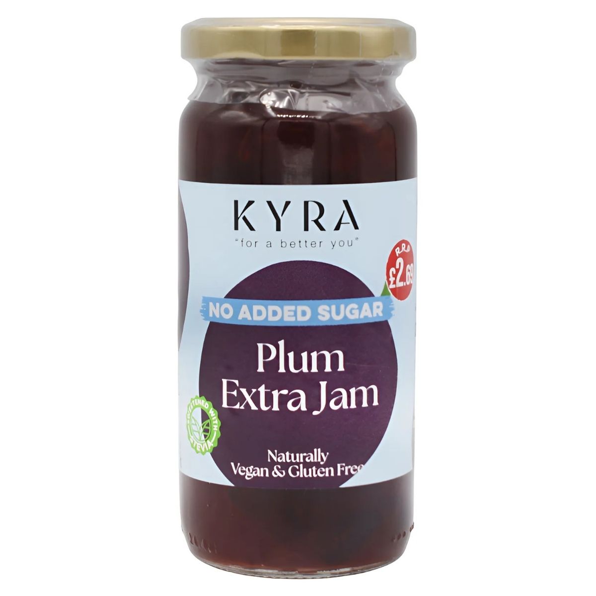 Kyra - Plum Jam (No Added Sugar) - 280g is perfectly spreadable on toast. At £2.79, this vegan and gluten-free breakfast delight delivers flavor without compromise, making it a must-have for those seeking a healthier option.