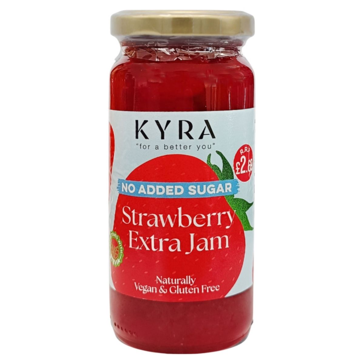 KYRA's Strawberry Jam, labeled "No Added Sugar," is vegan and gluten-free, ideal for breakfast, priced at just £2.49.