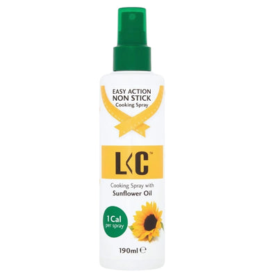LC - Cooking Spray With Sunflower Oil - 190ml: a non-stick, low calorie spray with sunflower oil and emulsifier lecithins, in a green-capped bottle featuring a sunflower image on the label.