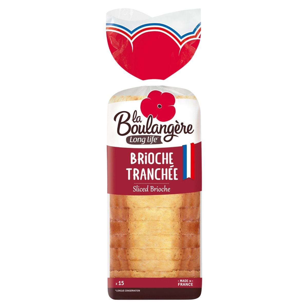 Packaged sliced brioche with 'La Boulangerée' branding on a white background