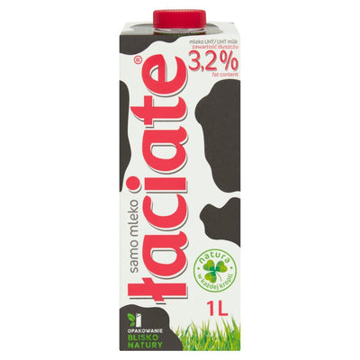 Laciate - Milk 3.2% Fat - 1L: Enjoy high-quality milk in a convenient 1-liter carton with a cow-pattern design and Polish text, from the trusted brand Laciate.