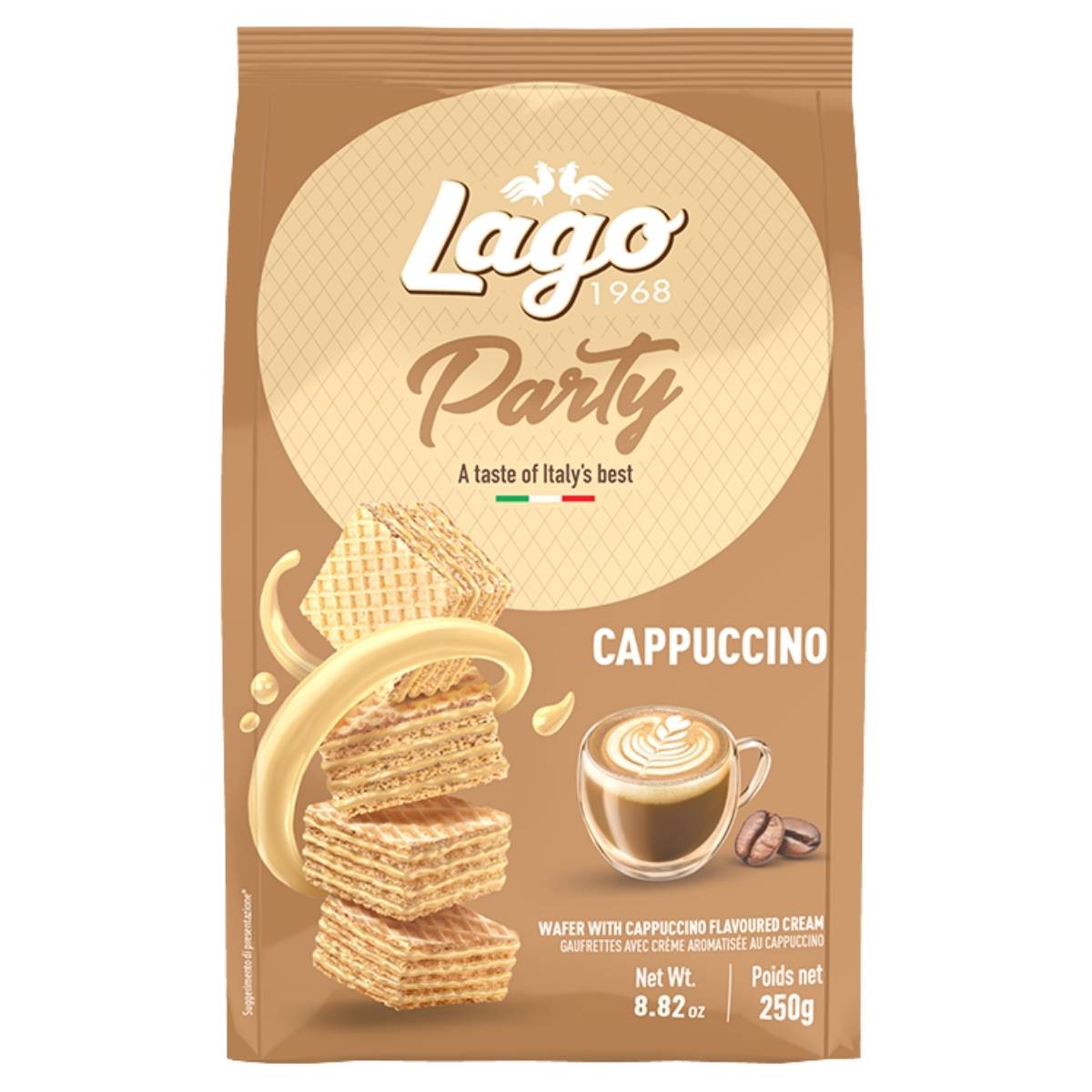 A 250g (8.82 oz) package of Lago Cappuccino Wafers by Lago, shown with cappuccino wafers, roasted coffee beans, and a cappuccino on a beige background—ideal for coffee snacks.