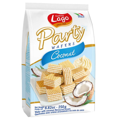 A 250g pack of Lago Coconut Wafers features creamy wafers with a halved coconut, offering a delightful tropical snack experience.