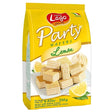 The Lago - Lemon Wafers' vibrant yellow package features stacked wafers and fresh lemon slices, making this 8.82 oz (250g) snack irresistible.