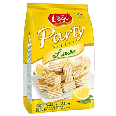 The Lago - Lemon Wafers' vibrant yellow package features stacked wafers and fresh lemon slices, making this 8.82 oz (250g) snack irresistible.
