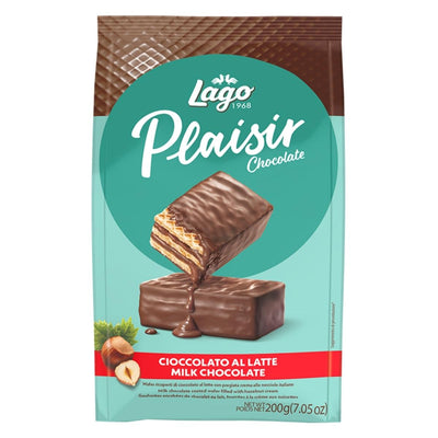The Lago Milk Chocolate Wafers, 200g, offer a delightful snacking experience with a creamy filling and hazelnuts, perfect for chocolate lovers. The packaging features a green and brown backdrop.